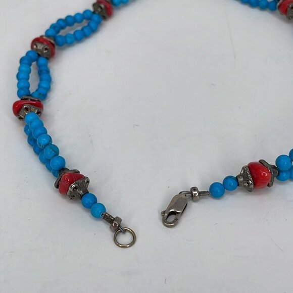 Beaded Necklace Pendant 3 Rings Blue Red Gold 10 Inches - Picture 6 of 8